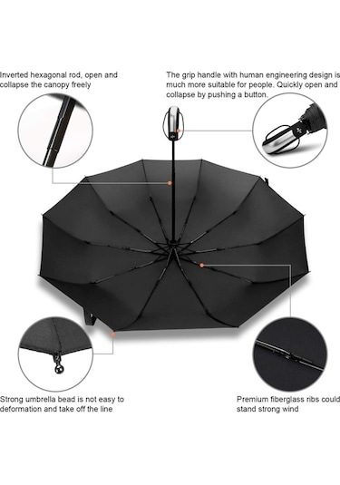 Açılır Kapanabilir Unisex Tam Otomatik Şemsiye 10 Telli Siyah