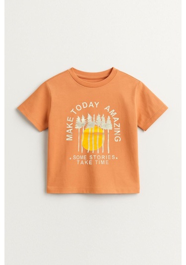 Erkek Çocuk %100 Pamuklu Baskılı Kısa Kollu Tişört - Somon 3-4 Yaş 8-9 Yaş Somon