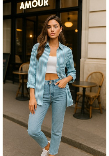 Kadın Çizgili Oversize Gömlek Mint Yeşili Beyaz Pamuk Gömlek Mint Yeşili