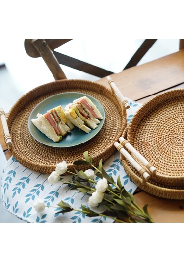 Geeksen El Dizaynlı El Yapımı Vietnam Rattan Geleneksel Tabak - Piknik, Meyve, Ekmek Taşıma Sepeti, Orta Boy İki Kollü Dayanıklı Kömür