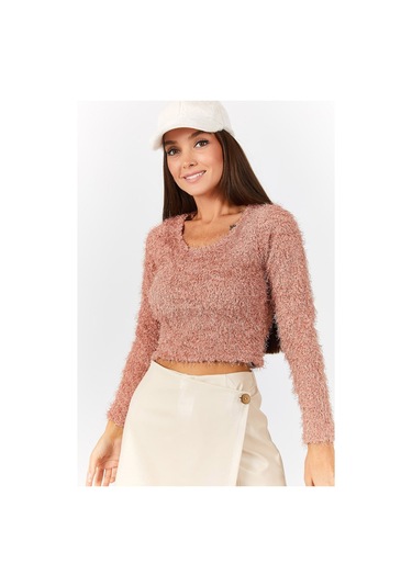 Armonika Kadın Pudra Pullu Sakallı Crop Kazak Arm-22y001179