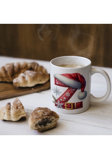 Z Harfi Yılbaşı Temalı Bardak 330 Ml Harfli Kişiye Özel Hediye - Yeniyıl / Noel Şapka Tasarım Beyaz