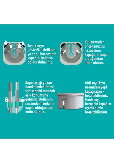 Smarter Aqua Master 4 Adet Mikrofiber Mop Temiz Kirli Suyu Ayırma Özelliği Otomatik Temizlik Seti Paspas