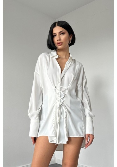 The İstanbul Beyaz Jesica Parçalı Bağcıklı Gömlek Beyaz