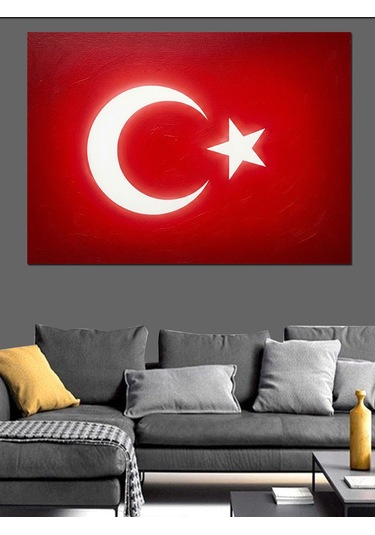 Parlak Ay Yıldız Detaylı Türk Bayrağı Dekoratif Kanvas - Mdf Ahşap Tablo