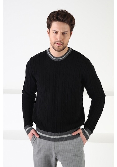 Ferraro Siyah/Füme Bisiklet Yaka %100 Kuzu Yünü Erkek Kazak Siyah Füme Füme - Siyah