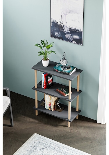 Dekoratif 3 Raflı Ahşap Ayaklı Kitaplık Yan Sehpa Antrasit Gri