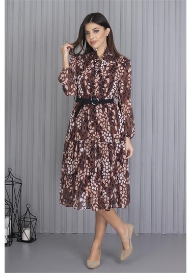 Neşeli Butik Kadın Kahverengi Kemerli Leopar Desenli Şifon Elbise Apcx04 Kahverengi