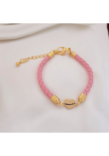 Archin Zülfikar Temalı Kalp Figürlü 14 Ayar Altın Plakalı Pembe Derili Hediye Bileklik-473sembol Zülfikar