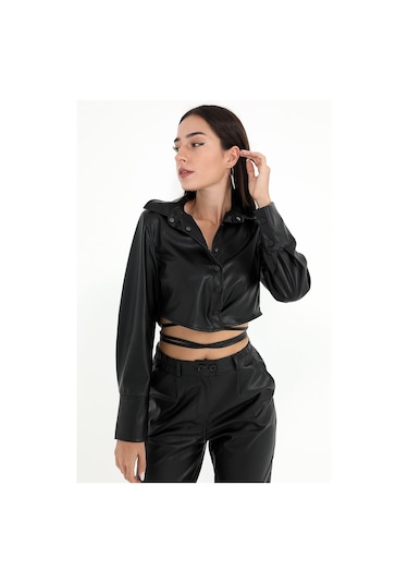 İçi Kadife Bağcıklı Kadın Kısa Deri Gömlek - Siyah-siyah Siyah