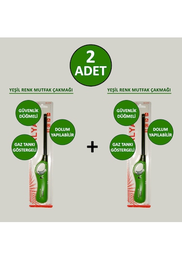 2 Adet Yeşil Doldurulabilir Mutfak Çakmağı Ocak Kamp İçin Uzun Mangal Çakmak