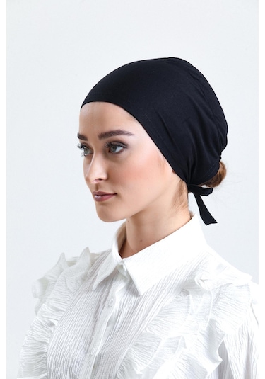 Siyah Arkadan Bağlamalı Tesettür Bone Penye Kumaş Düz Bone 1011 01 Siyah
