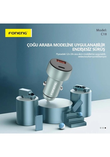 Foneng C18 48w Type-c + Usb Led Gösterge Araç İçi Şarj Adaptörü -