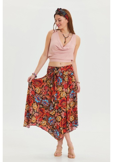 Beli Bağlamalı Salaş Midi Kloş Etek Siyah