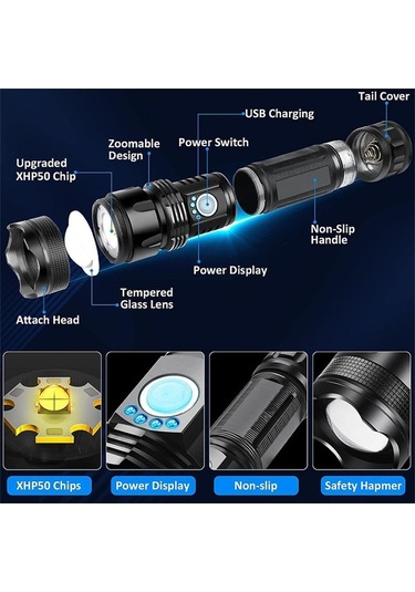 Artfulabode Yürüyüş, Xhp50.2 Taktik Su Siyah Şarj Mod, Lümen, Yüksek Performanslı Geçirmez Led Kamp Feneri, Ipx7, 90000 Siyah