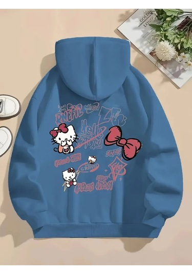 Kışlık Kapüşonlu Sweatshirt, Çocuk Hello Kitty Sırt Baskılı Mavi