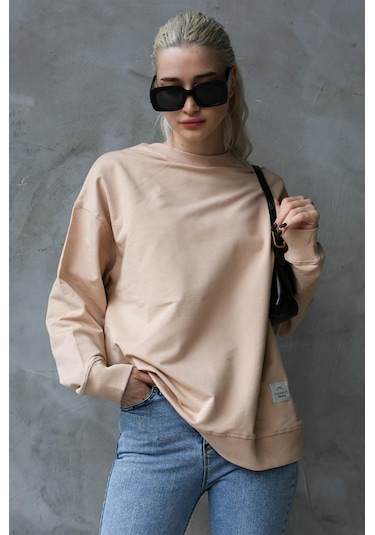Madmext Bej Basic Oversize Kadın Sweatshirt Mg1686 Bej