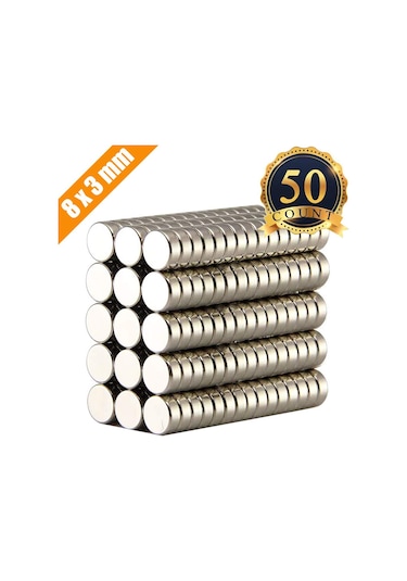 50 Adet Çap 8Mm X Kalınlık 3Mm Yuvarlak Güçlü Neodyum Mıknatıs