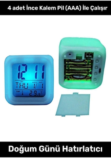 Hediyelik Dekoratif Termometreli Takvimli 7 Renk Değiştiren Dijital Küp Alarmlı Masa Çalar Saat