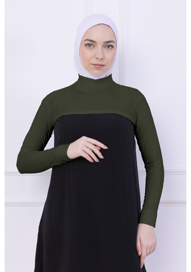 Balıkçı Yaka Boyunluklu Kolluk Haki Yeşil - Likralı Dik Yakalı Kadın Body Tesettür Crop Bolero Haki
