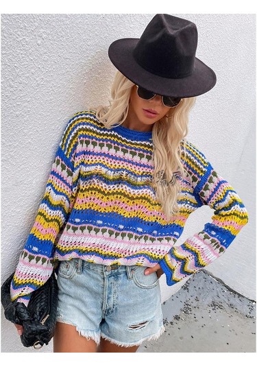 Kadın Gökkuşağı Bisiklet Yaka Çizgili Örgü Kazak Kazak Uzun Kollu Günlük Gevşek Büyük Boy Üstler Mavi