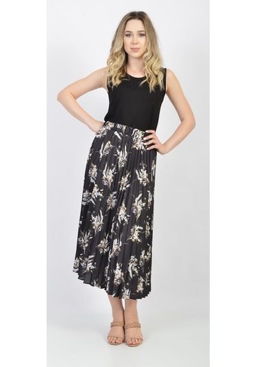 Soralline Bayan Plisoley Etek 781 Saten Empirme Siyah Siyah