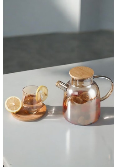 Morponi Lüks Borosilikat Cam Amber Bambu Kapaklı Bitki Çayı Demliği & Sürahi 1500 Ml Şeffaf