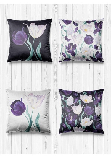 Çift Tarafı Farklı Desenli Süet 4'lü Kırlent Kılıfı-Siyah Beyaz Lale