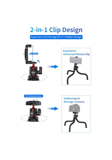 Ulanzi Mt-11 Esnek Ahtapot Tripod Standı 1/4 İnç Vida 2'si 1 Arada Platform Tasarımı 360 Ayarlanabilir Bilyalı Başlık 2kg/4.4lbs Yük Kapasitesi Akıllı Telefon Dslr Slr Kamera Canlı Yayın Çevrimiçi Video Kaydı İçin Siyah