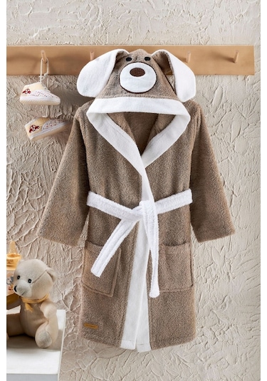 Formeya Kapşonlu Çocuk Bornoz %100 Pamuk Su Emici Köpek Figürlü Kahverengi