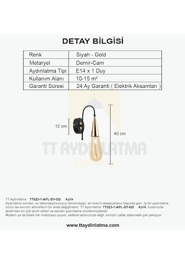 Tt023-1-apl-sy-gd Tt Aydınlatma Damla Modeli Gold - Siyah Aplik Siyah Gold
