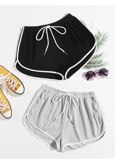 Siyah-gri 2'li Yırtmaçlı Şeritli Bermuda Penye Şort - Penye Kordonlu Siyah-gri