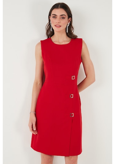 Lela Standart Fit Kemerli Bisiklet Yaka Mini Bayan Elbise 611El1964 Kırmızı