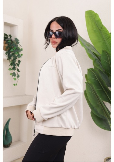 Bomber Kolej Su Geçirmez Ceket Açık Krem Süet