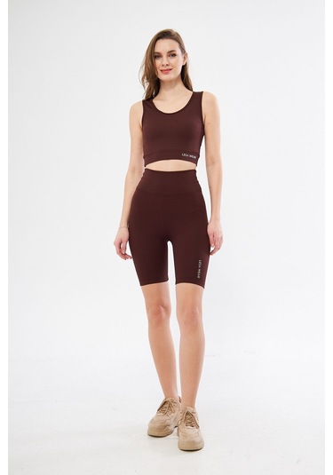 Lesa Wear Fitilli Yüksek Bel Likralı Toparlayıcı Kısa Şort Tayt Kahverengi