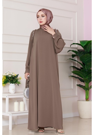 Omuzu Taş Detaylı Rose Elbise-vizon-4771 Vizon