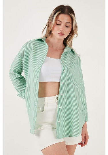 Lela Regular Fit Uzun Kollu Cepli Çizgili Bayan Gömlek 6772895 Benetton