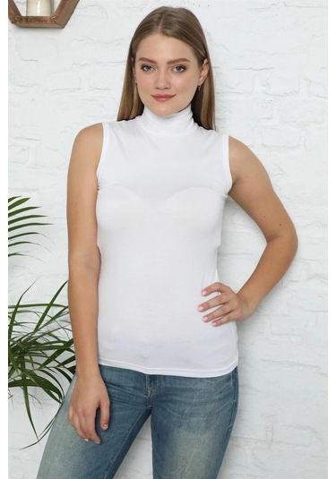 Giyim Bayan Sıfır Kol Yarım Balıkçı Yaka Body Beyaz Beyaz
