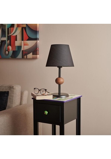 Safir Light Ahşap Detaylı Metal Abajur - Siyah - 43x25x25 Cm Siyah