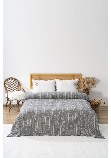 Etno Antrasit Çift Kişilik %100 Pamuklu Müslin Pike & Yatak Örtüsü Antrasit