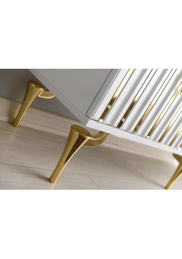 180 CM DUBAİ METAL AYAK-MDF MEBRAN KAPAK TV SEHPASI BEYAZ - GOLD