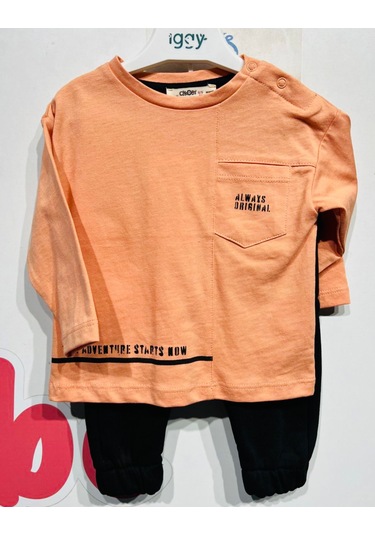 Erkek Bebek 2li Takım Ön Cep Detaylı Sweatshirt Beli Lastikli Eşofman Altı Siyah - Turuncu