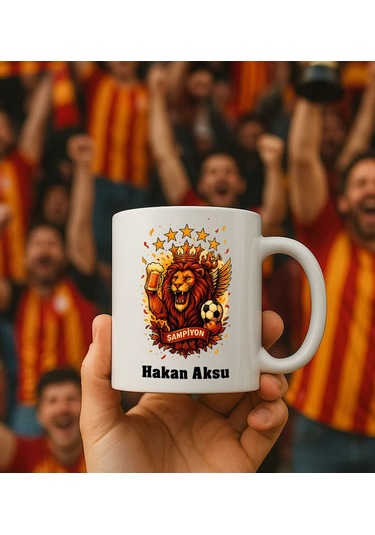 Bk Gift Kişiye Özel Sarı Kırmızı 5 Yıldız Aslan Taraftar Tasarımlı Beyaz Kupa Bardak-5, Taraftar Hediyesi, Doğum Günü Hediyesi, Arkadaşa Hediye Kobitm