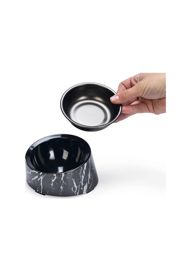 Beeztees Dbl Kedi Mama Su Kabı, Paslanmaz Çelik, Siyah Mermer Görünümlü, 14,5x3,3x7,6cm, 160ml