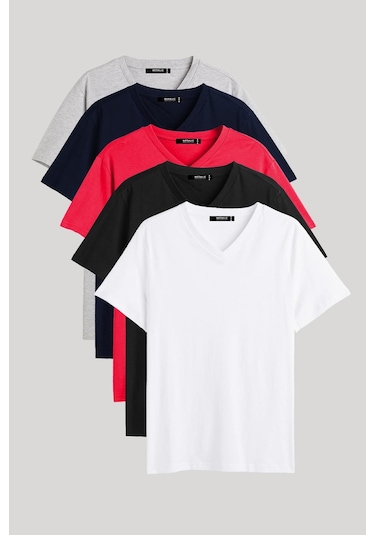 Erkek Çok Renkli T- Shirt Regular Fit Rahat Kesim V Yaka 5'li Basic Tişört Paketi