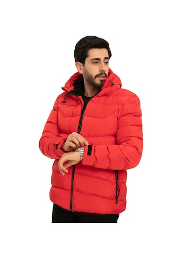 Montland Erkek Kırmızı Kapüşonlu Içi Polarlı Su Geçirmez Rüzgara Dayanıklı Şişme Mont Kırmızı