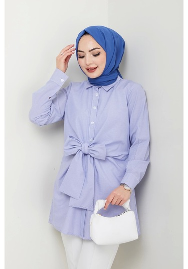 Çizgili Poplin Bağlamalı Gömlek - Mavi / Ü103 Mavi