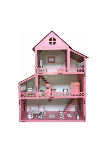 Ahşap Oyun Evi 80Cm 21 Eşya Pembe