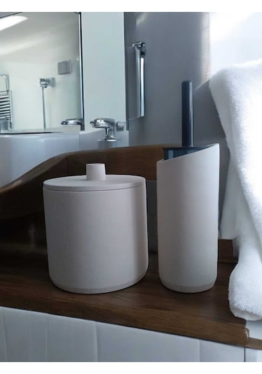 Kırık Beyaz Beton Çöp Kovası Ve Tuvalet Fırçalık, Dekorasyon,aksesuar Beyaz