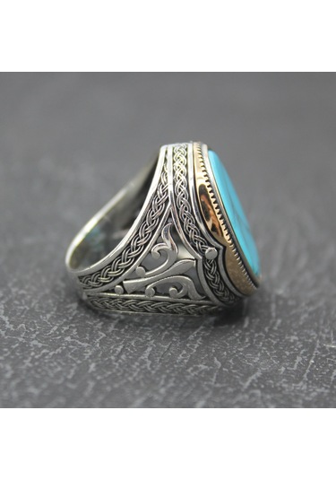 925 Ayar Oval Düz Firuze Taşlı Gümüş Erkek Yüzüğü Gümüş